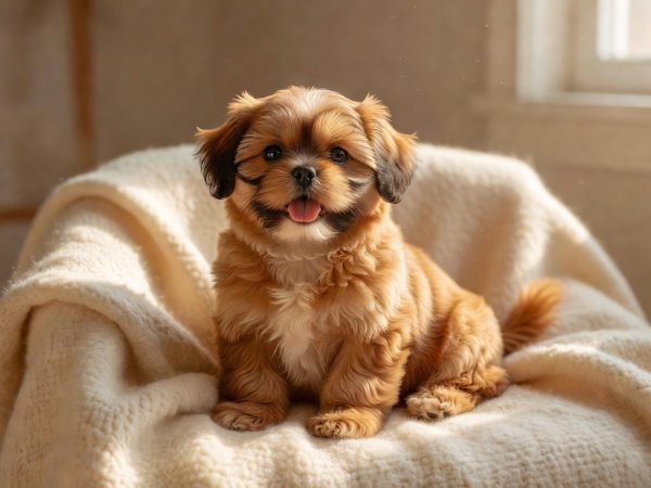 A happy, healthy imperial Shih Tzu puppy sitting on a soft cream wool blanket, warm natural sunlight from a window