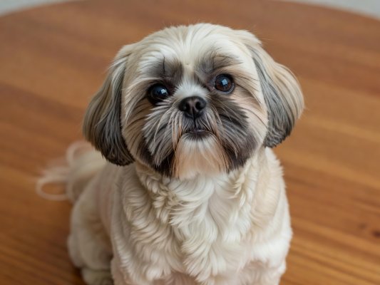 Close-up of a well-groomed Shih Tzu sitting on a wooden surface, showing clean coat texture and distinct facial mask