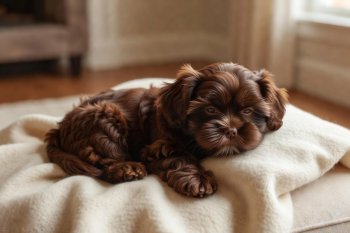 Teddy — Male Rare Liver Coat Shih Tzu puppy resting comfortably